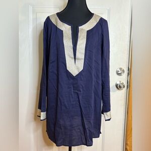 SAIL TO SABLE long sleeve tunic top in navy/gold. Size M